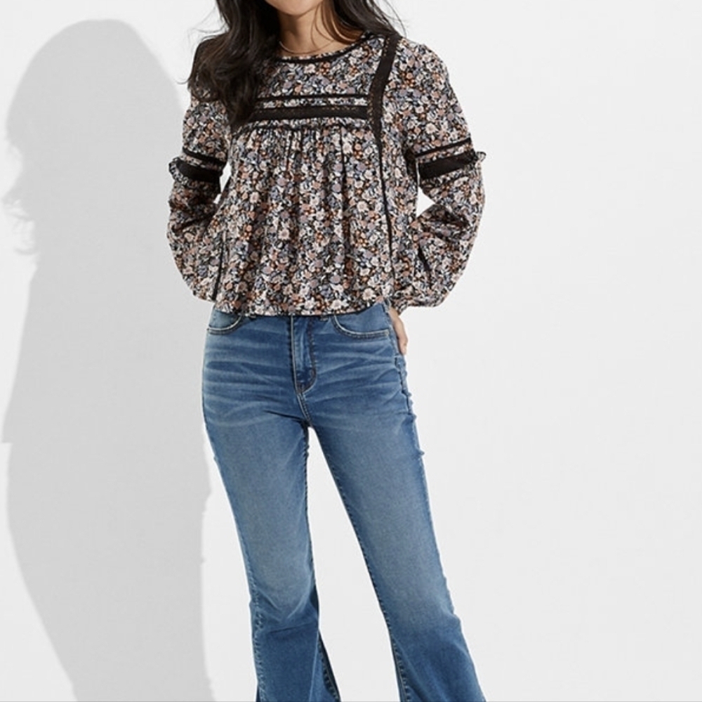 American Eagle high neck baby doll floral laced Boho Cottage Core blouse